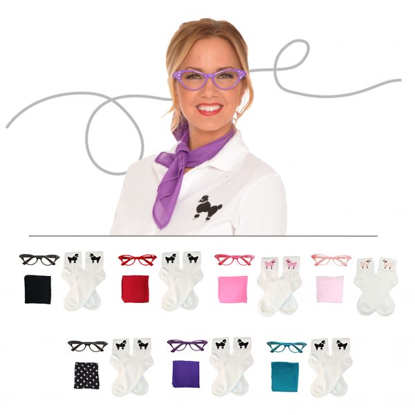 Adult woman wearing a purple chiffon scarf and purple cat eye glasses with black poodle socks. Also comes in black, red, hot pink, light pink, teal, and black polka dot.