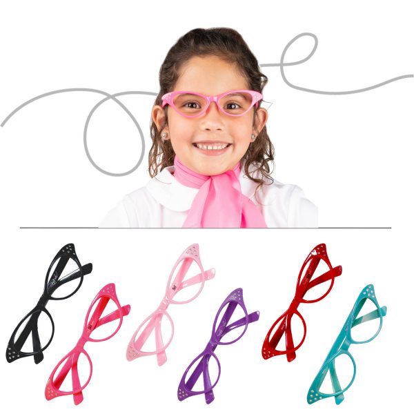 Girl wearing childrens hot pink cat eye glasses. Also comes in black, light pink, purple, red, and teal.