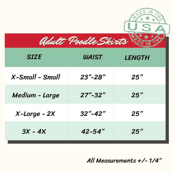 Adult Poodle Skirt Size Chart Size X-Small to 3X Large Plus