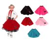 girl child modeling a red poodle skirt costume with black petticoat slip, saddle shoes, black cinch belt, red cat eye classes and chiffon scarf.