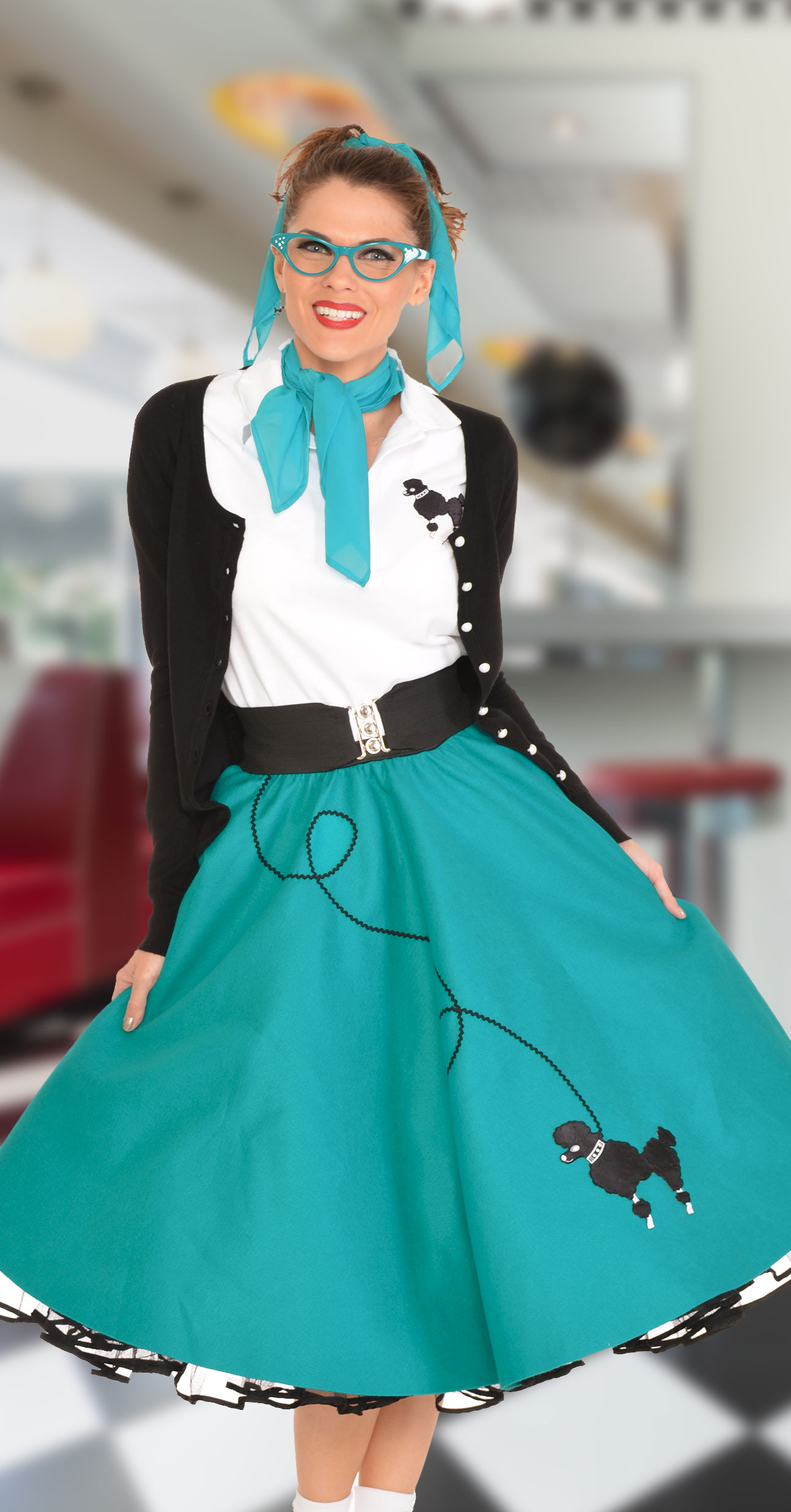 Adult woman wearing vintage poodle skirt in diner